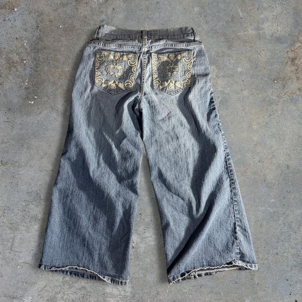 SO Stretch Embroidered Pocket Wide Leg Cropped Jeans Women's Size 0 Y2K
